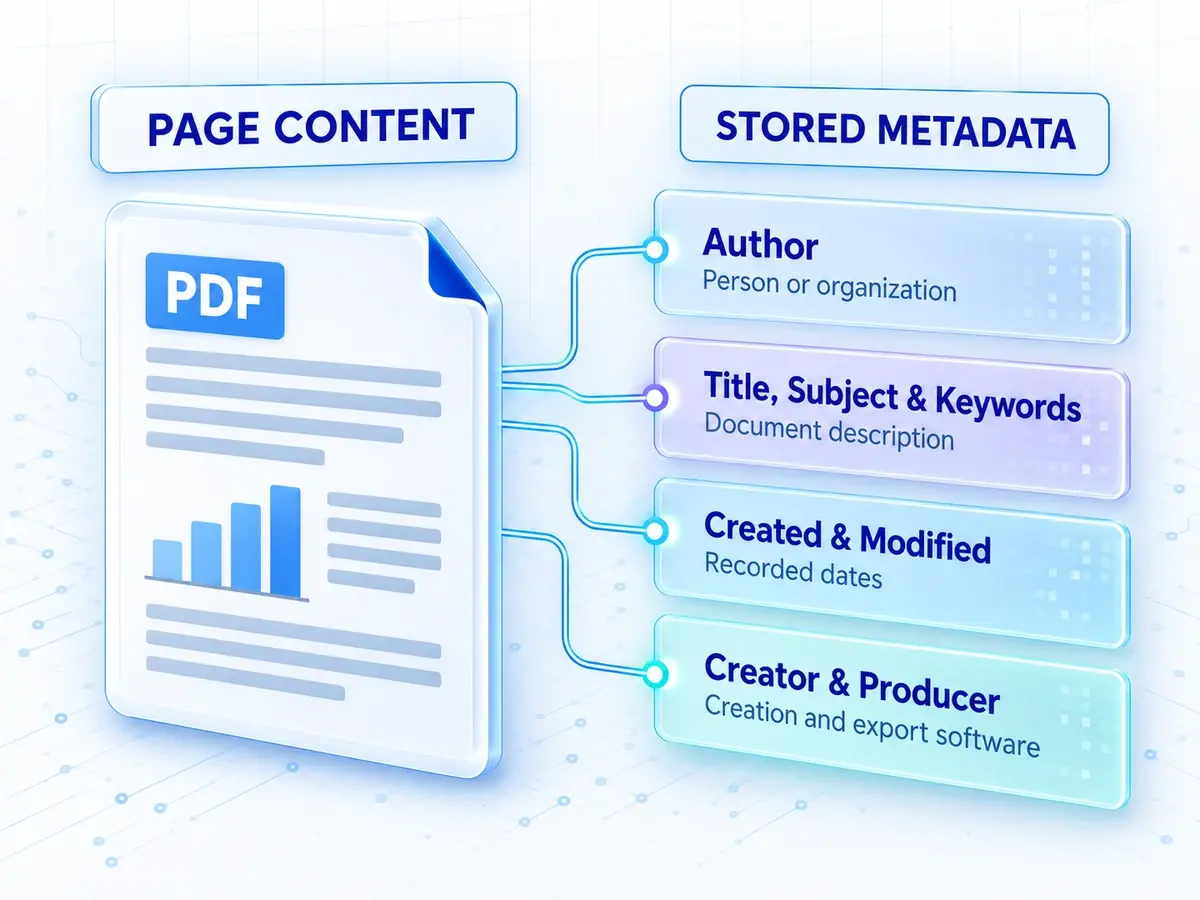 PDF page content connected to stored metadata: author, title, subject and keywords, creation and modification dates, and creator and producer software.