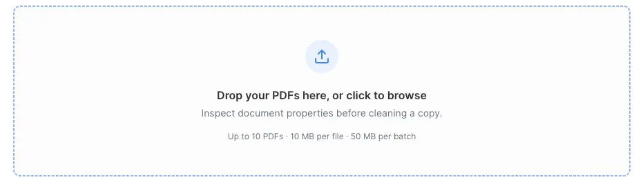 PDF metadata remover file selection area with drag-and-drop support and batch size limits