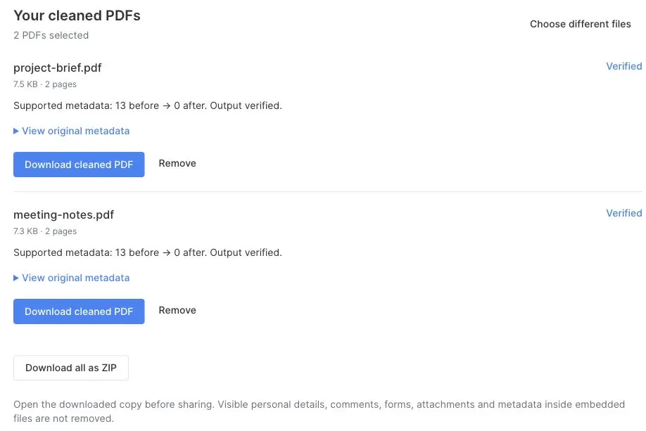 Verified PDF cleanup results showing metadata reduced from 13 entries to zero, with individual and ZIP download buttons